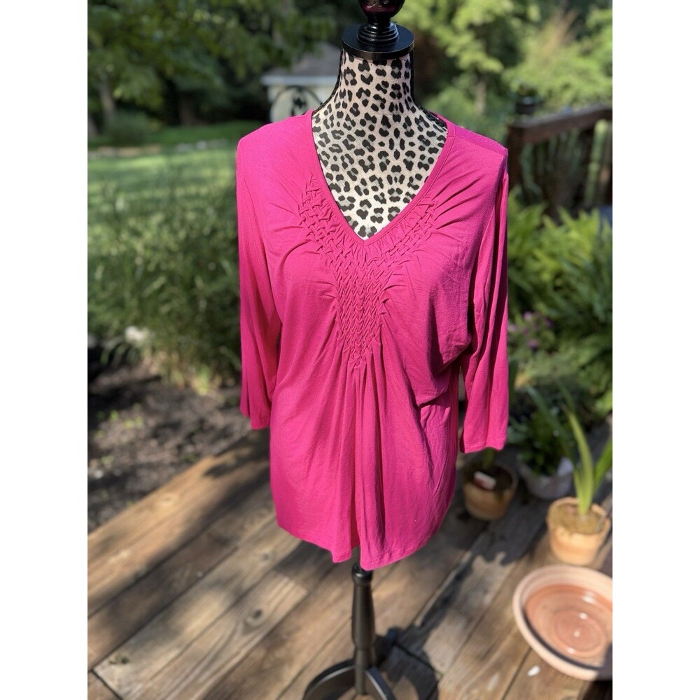 Susan Graver Braided V-Neck  3/4 Sleeve Sz L Liquid Knit Tunic Rich Fuchsia